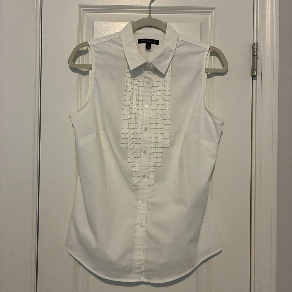 Banana Republic Riley Women Top 10P White Ruffle Sleeveless Tailored Preppy - Picture 9 of 10